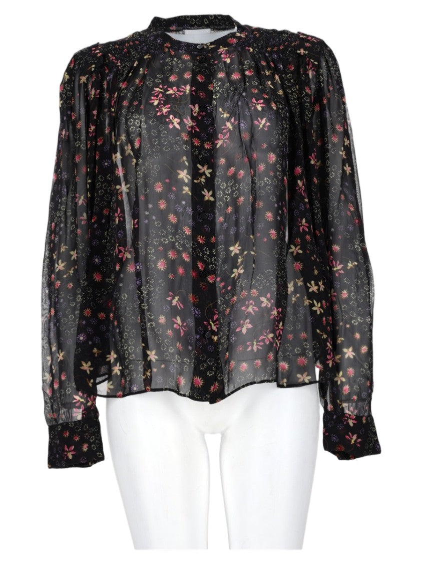 Isabel Marant Étoile Black Sheer Floral Puff Sleeve Viscose Blouse