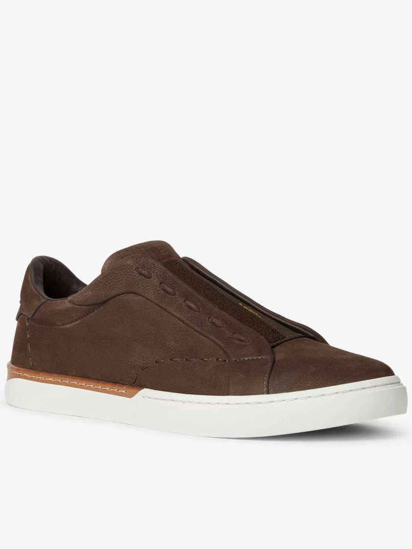 Fendi Low-Top Brown Leather Slip-On Sneaker With Contrasting Tan Accents