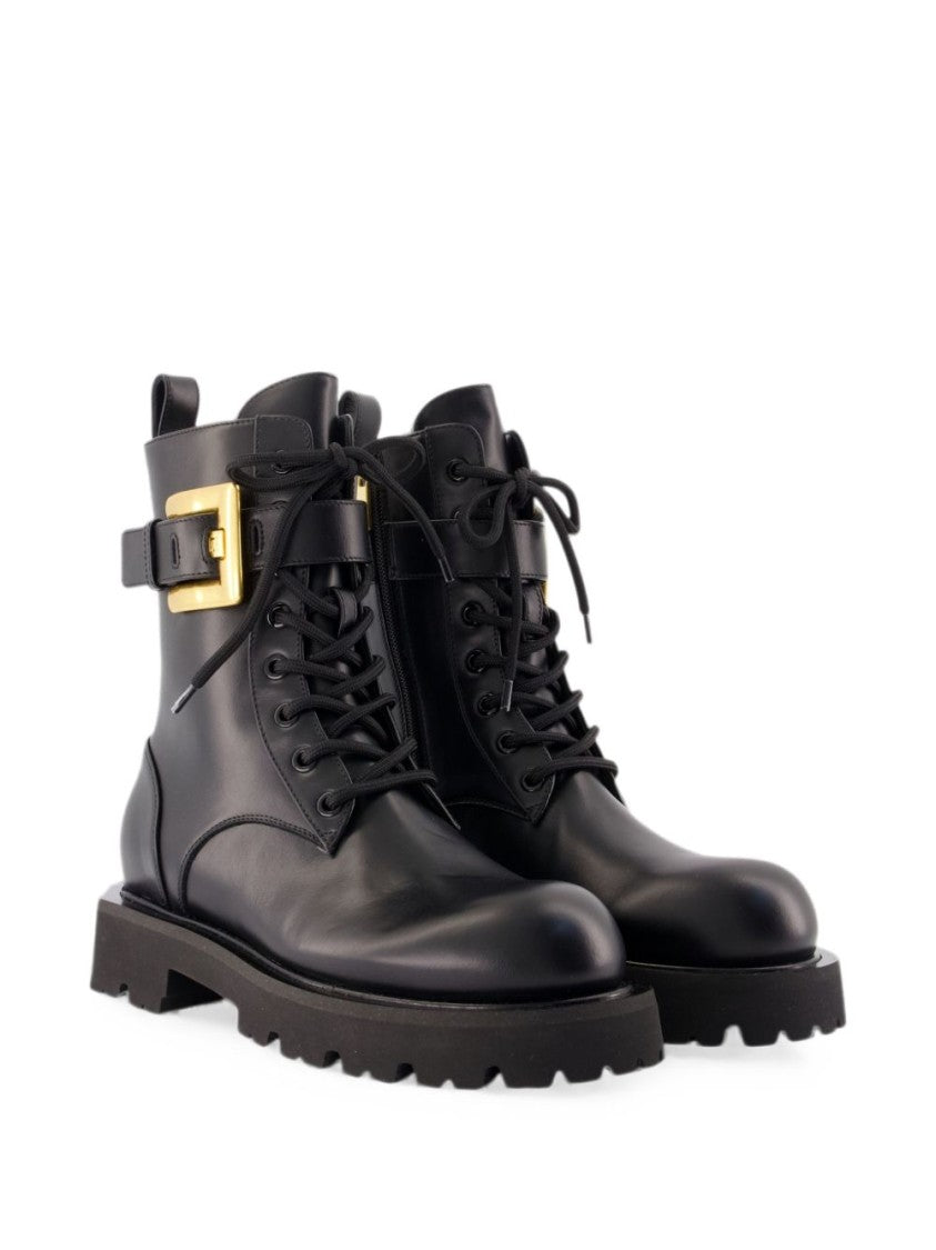 Balmain Structured Black Leather Boots With Bold Gold Buckle