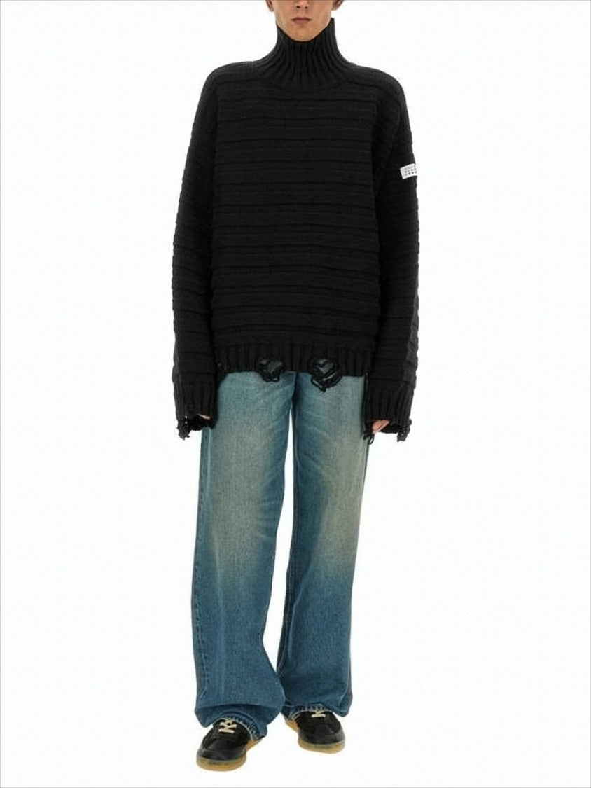 Mm6 By Maison Margiela Oversized Black Ribbed Knit Turtleneck Sweater