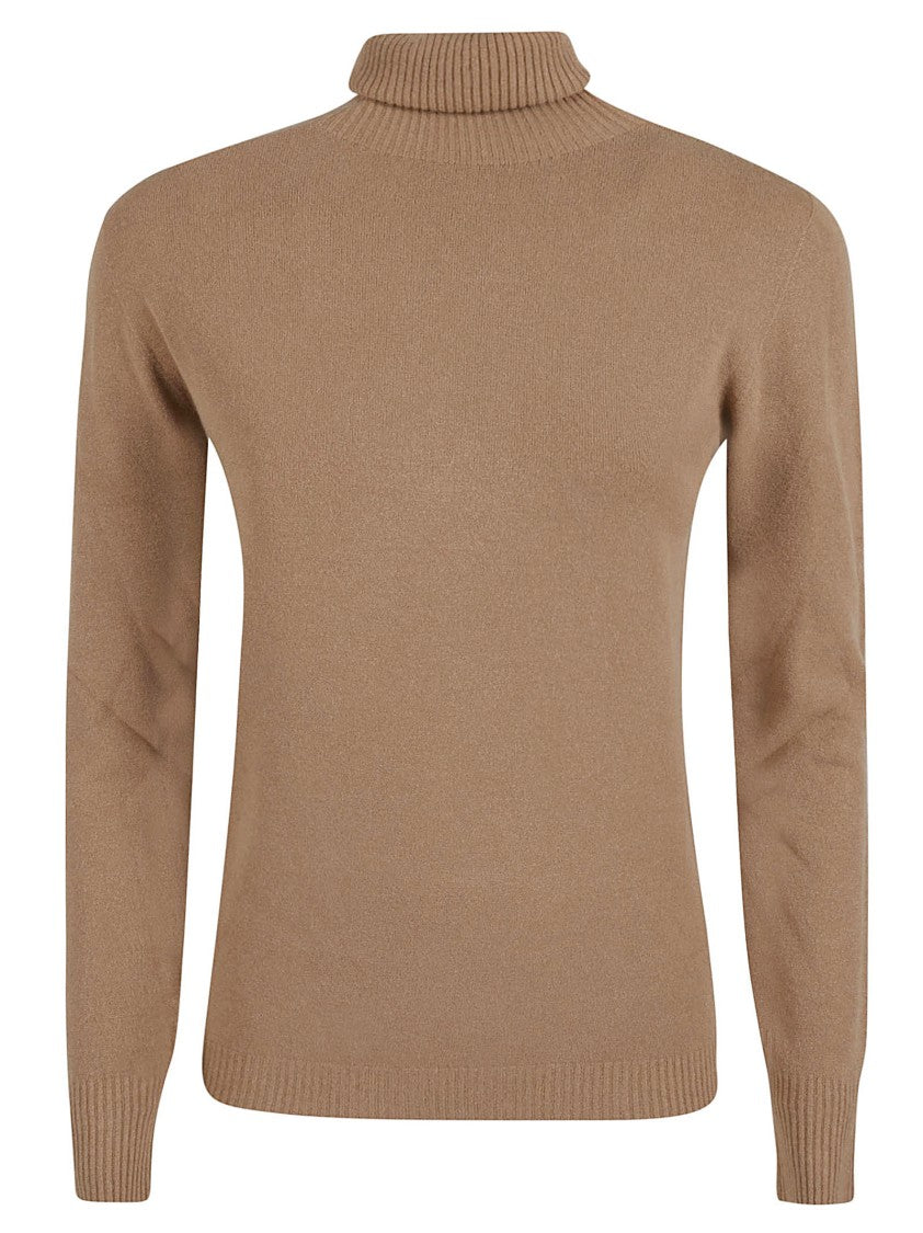 Ermanno Firenze Camel Solid Knit Turtleneck With Ribbed Detailing