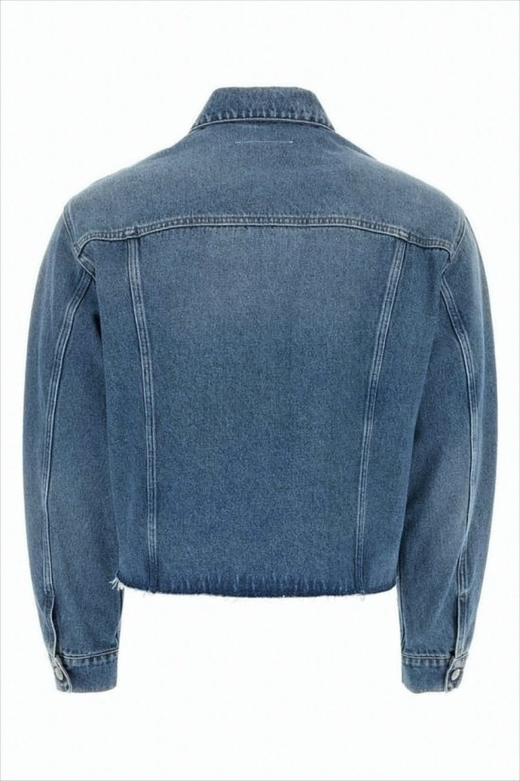 Mm6 By Maison Margiela Cropped Denim Jacket With Classic Collar And Flap Pockets