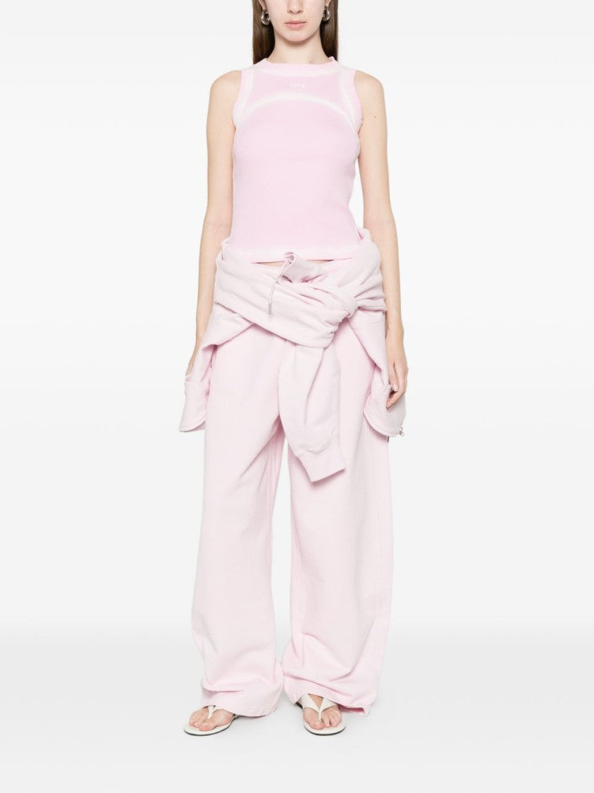 Off-White Ribbed Knit Sleeveless Top With Piping Detail
