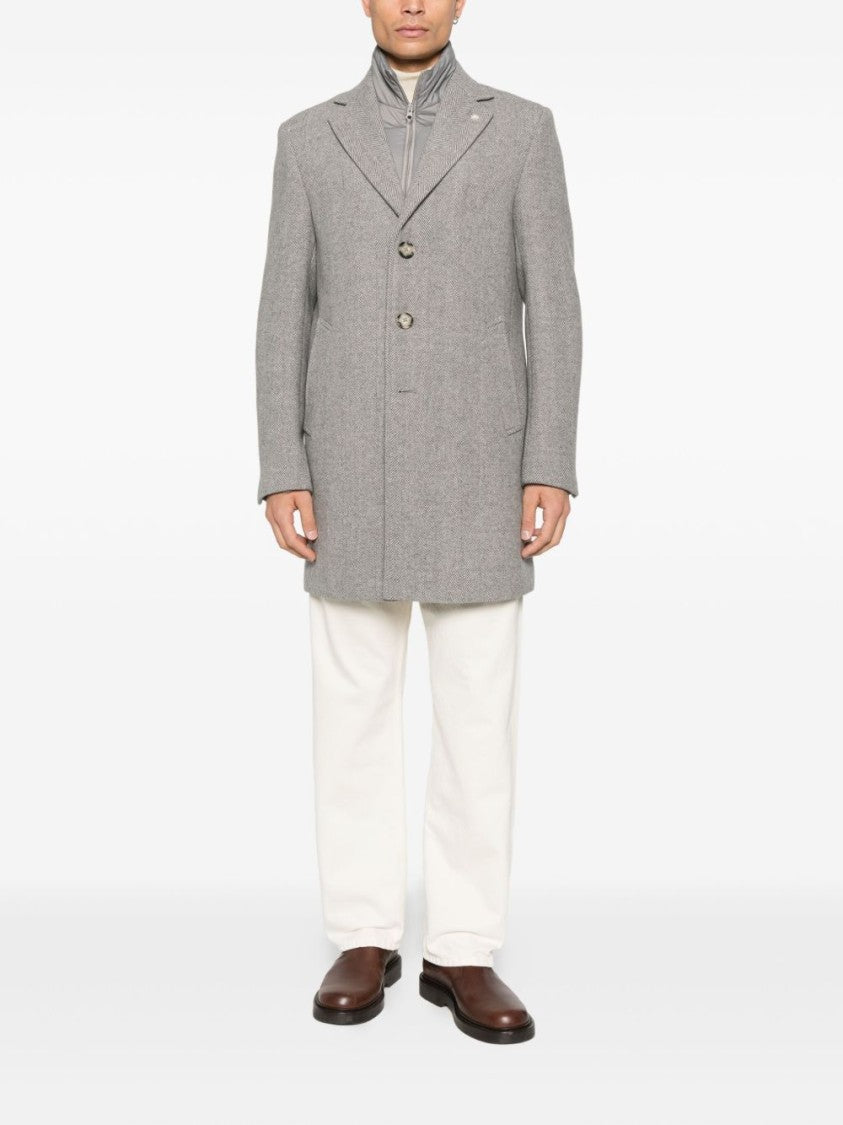 Manuel Ritz Grey Herringbone Single-Breasted Coat With Notched Lapels And Flap Pockets