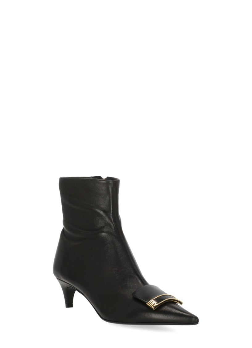 Sergio Rossi Smooth Black Leather Ankle Boot With Gold Front Plaque