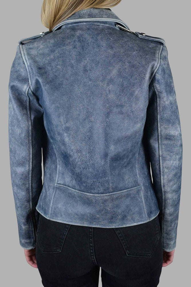 Philipp Plein Aged Blue Leather Perfecto Jacket