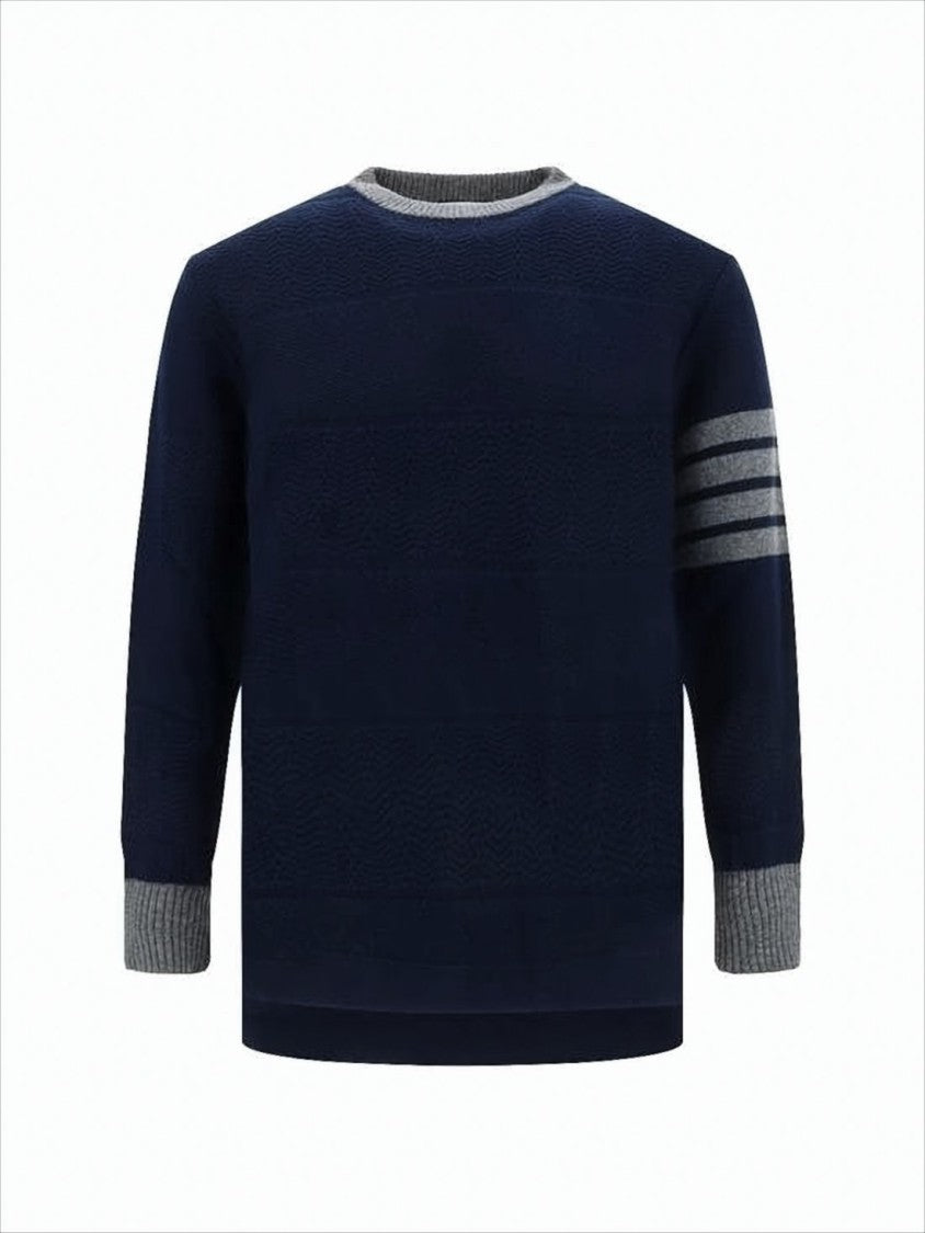 Thom Browne Textured Knit Navy Wool Sweater With Striped Sleeve And Button Detail
