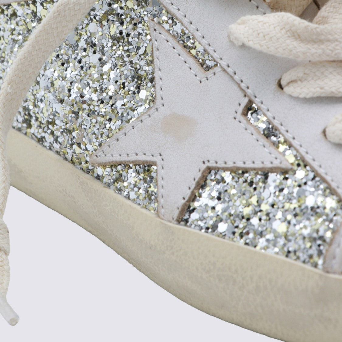 Golden Goose Distressed White Sneakers With Glitter Accents