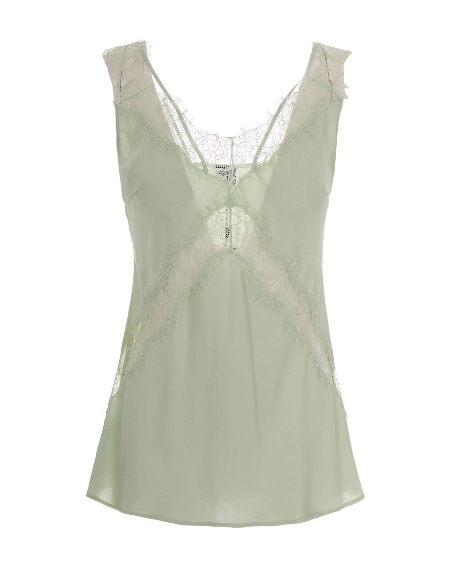 Pinko Celadon Twill Viscose Top With Intricate Lace Inserts