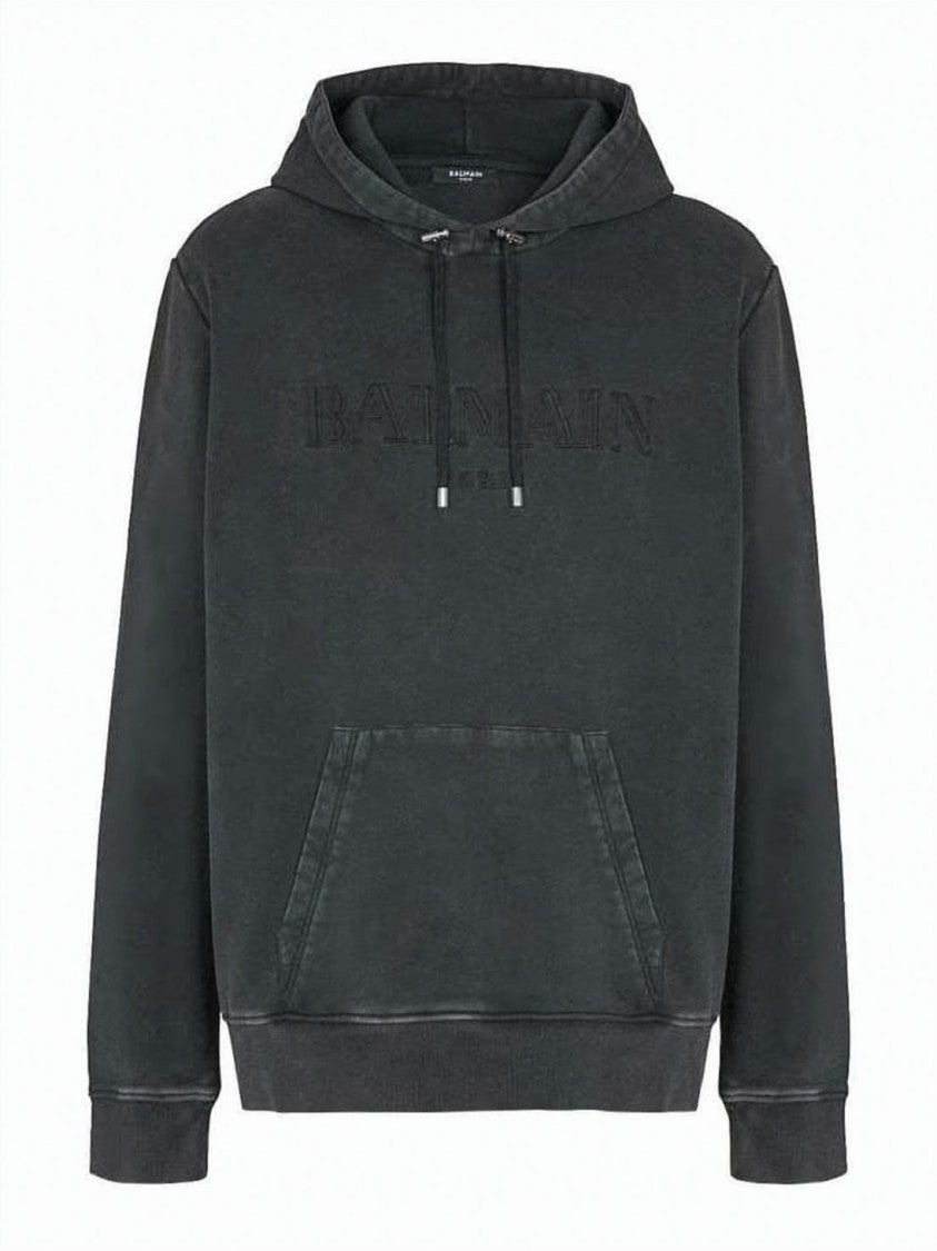 Balmain Washed Black Relaxed-Fit Hoodie With Embossed Logo