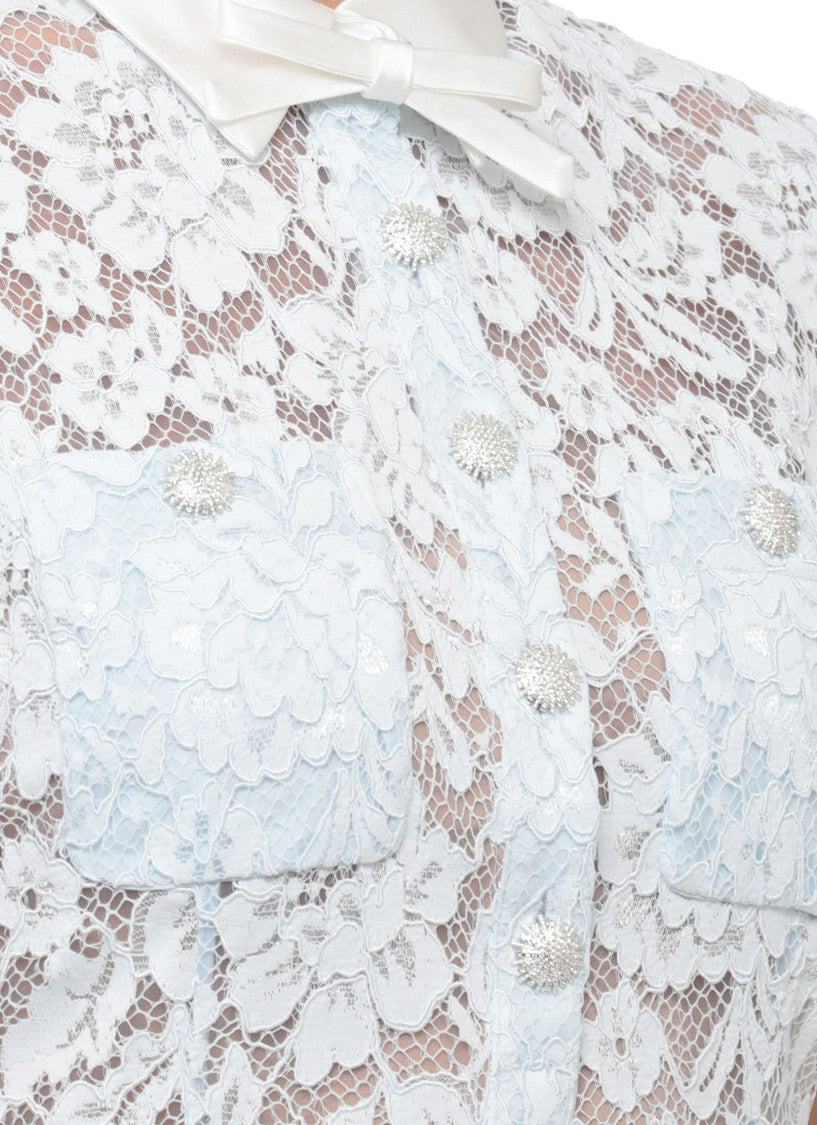 Self-Portrait Light Blue Floral Lace Midi Dress With Bow Collar