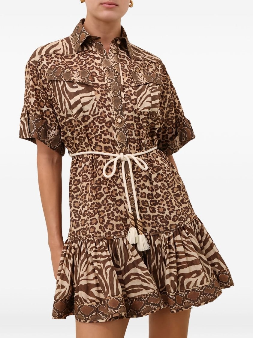 Zimmermann Multicolour Animal Print Mini Dress With Ruffled Hem