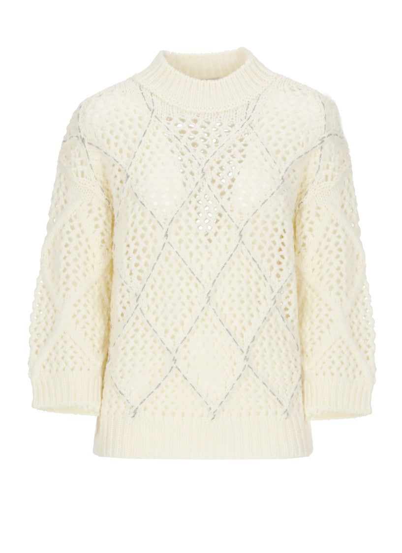 Peserico Perforated White Sweater With Beaded Details And Ribbed Finishing