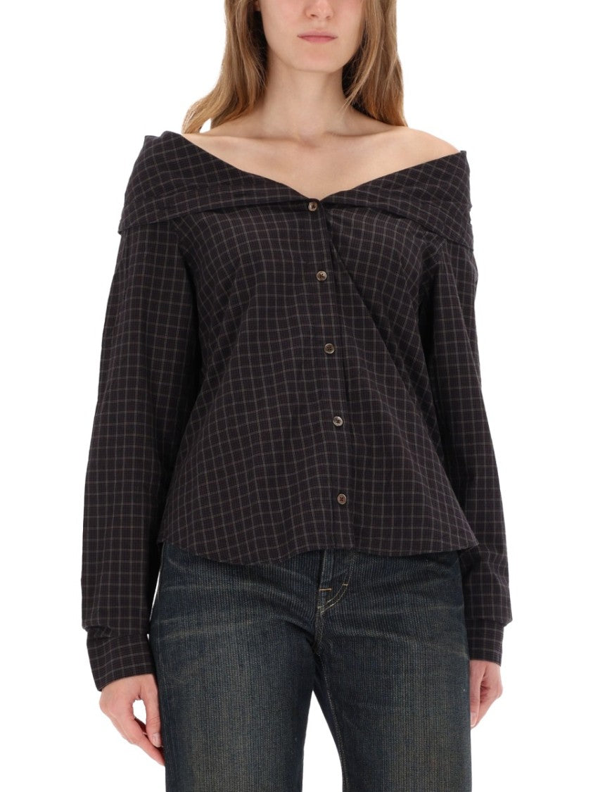 Our Legacy Off-The-Shoulder Black Shirt With Subtle Grid Pattern