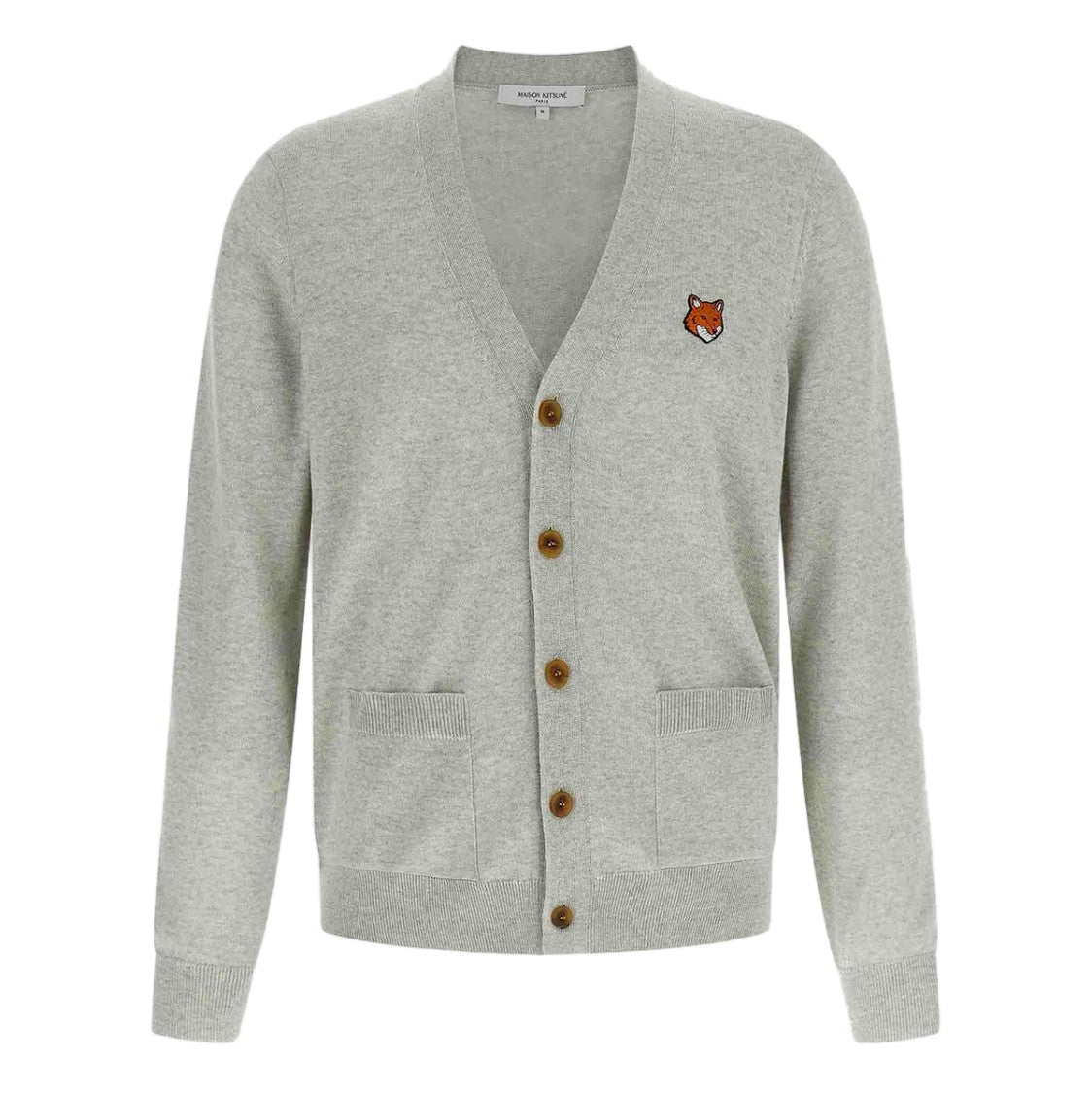 Maison Kitsuné Light Grey Cardigan Sweater With V-Neckline And Embroidered Fox Logo