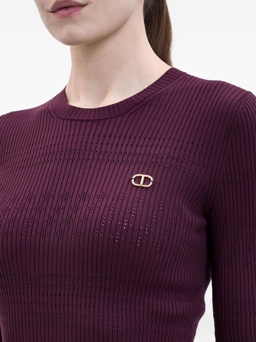 Twin-Set Ribbed Bordeaux Sweater With Elbow-Length Sleeves