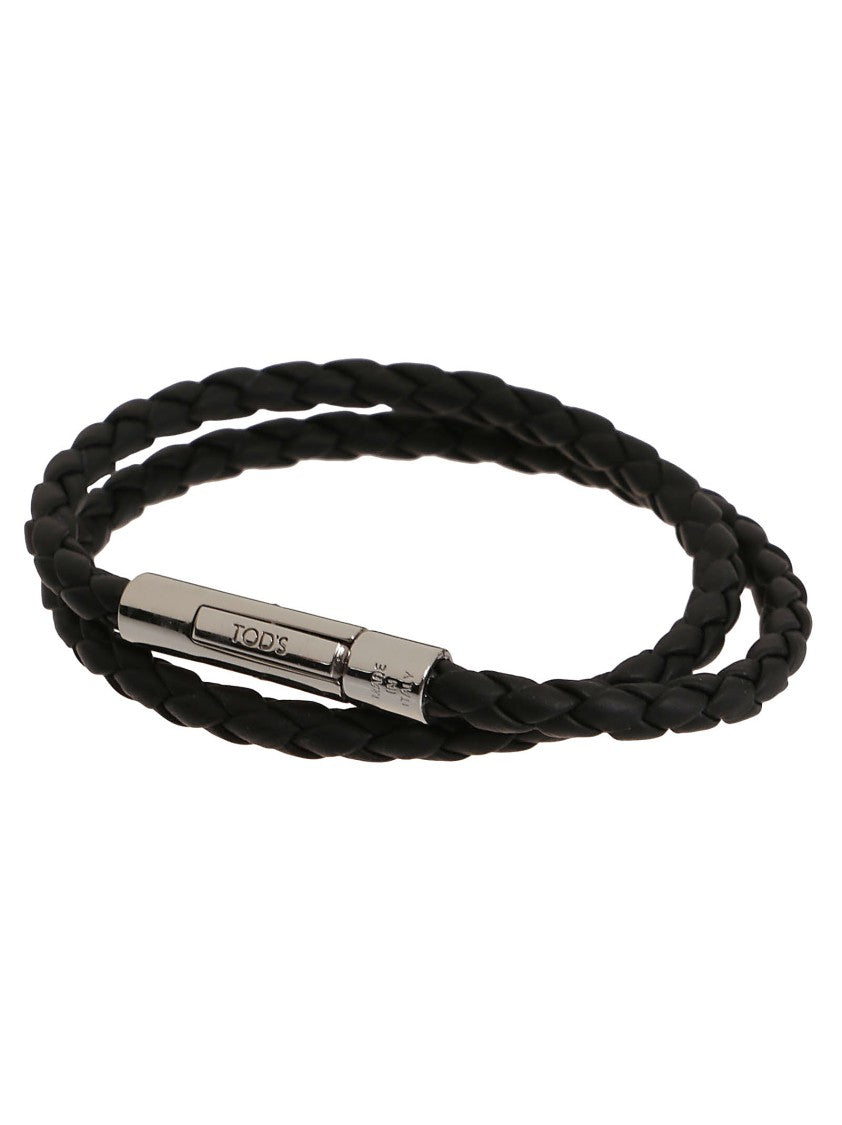 Tod's Double-Wrap Black Calf Leather Bracelet With Polished Clasp