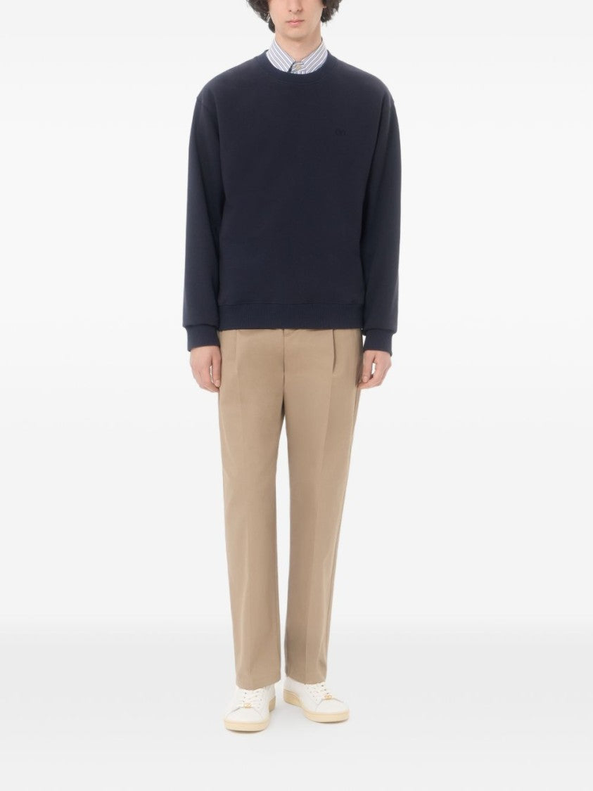 Valentino Garavani Black Crewneck Embroidered Ribbed Details Sweatshirt