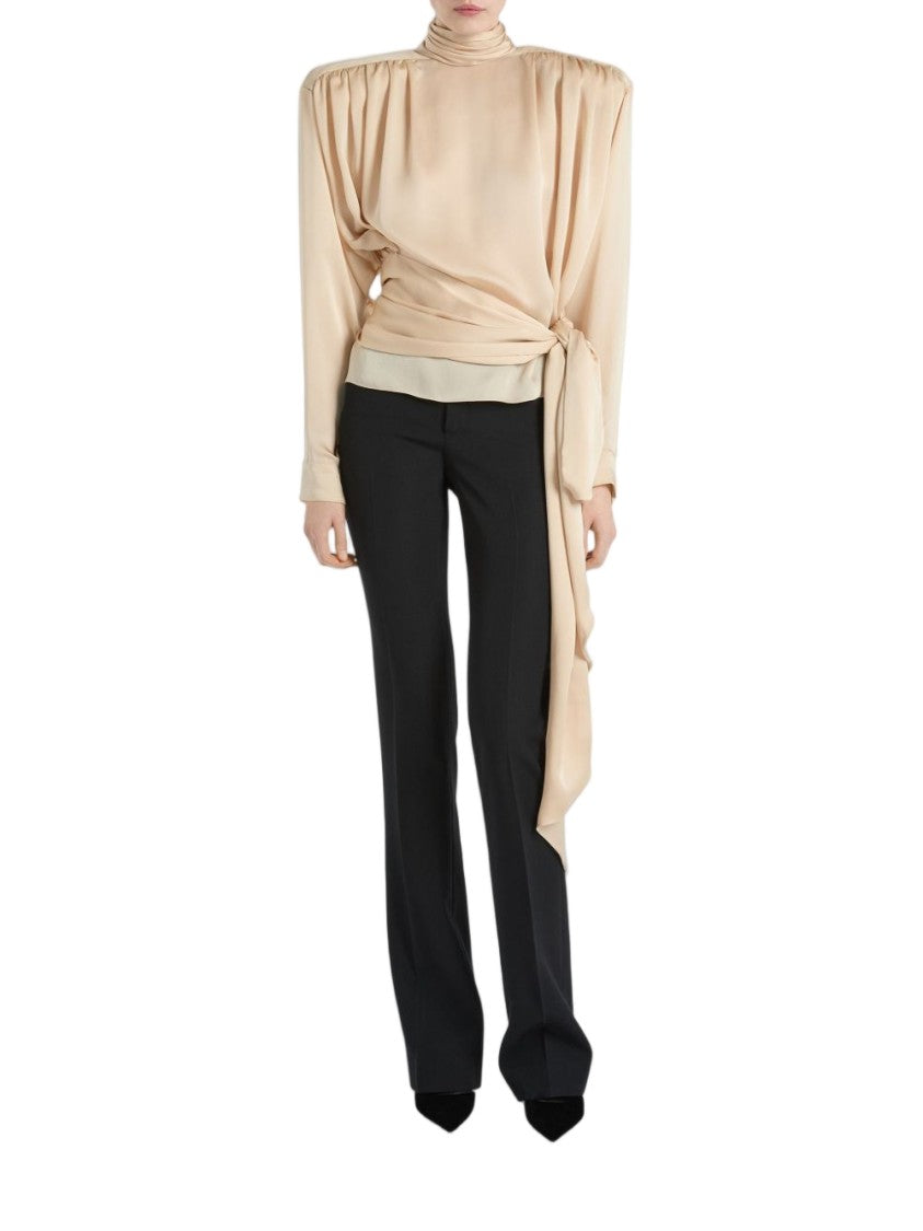 Balmain High Neck Draped Bow Long-Sleeve Blouse
