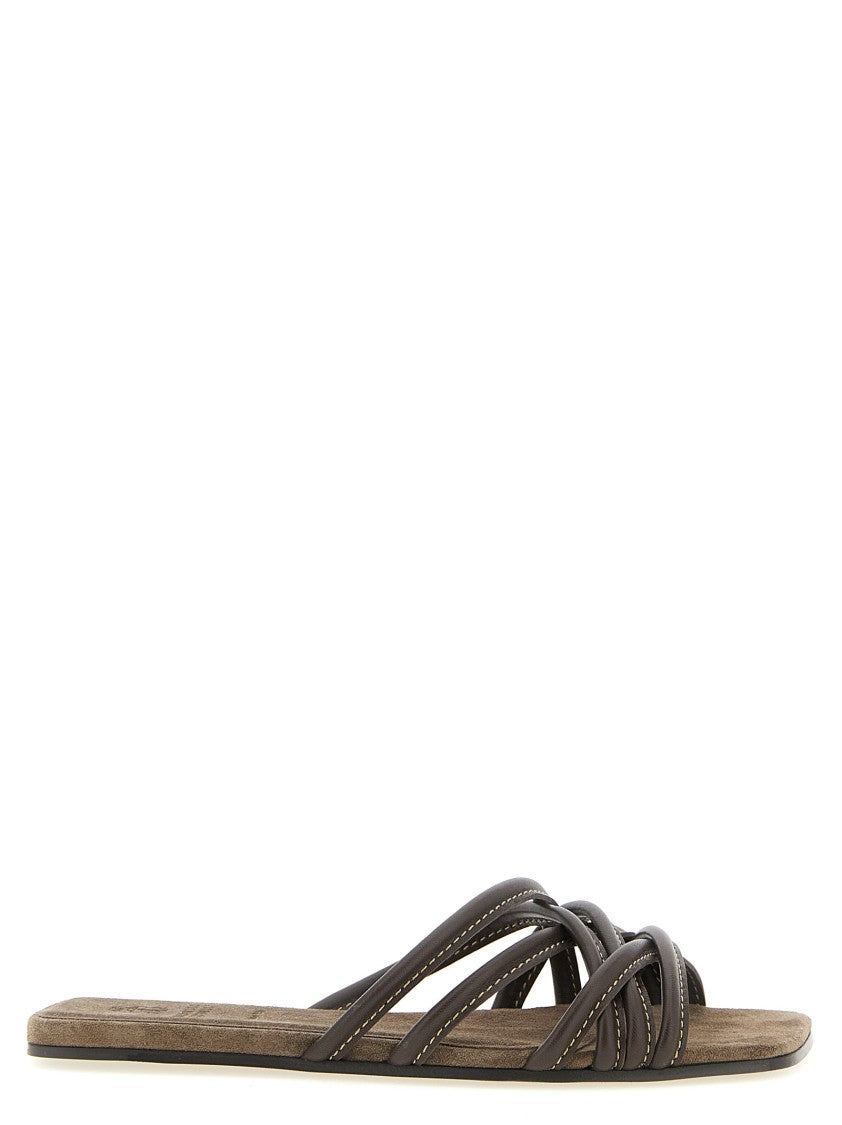 Brunello Cucinelli Brown Leather Slides With Minimalist Crisscross Straps