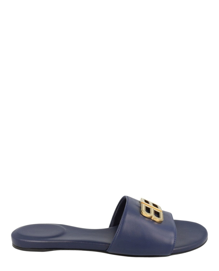 Balenciaga Flat Slide Sandals With Gold-Tone Bb Logo And Smooth Finish