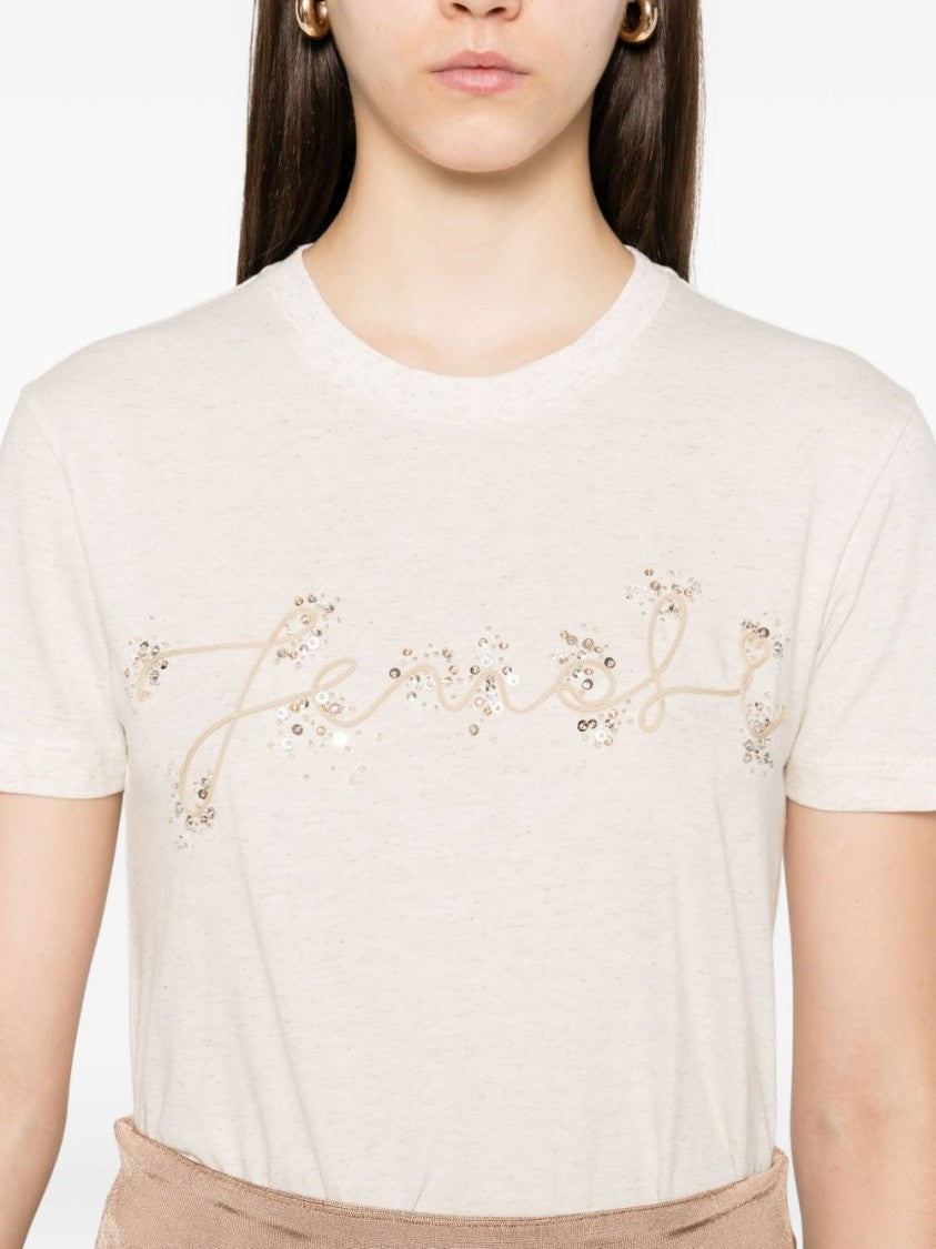 Fendi Beige Mélange Linen-Cotton Blend T-Shirt With Sequins