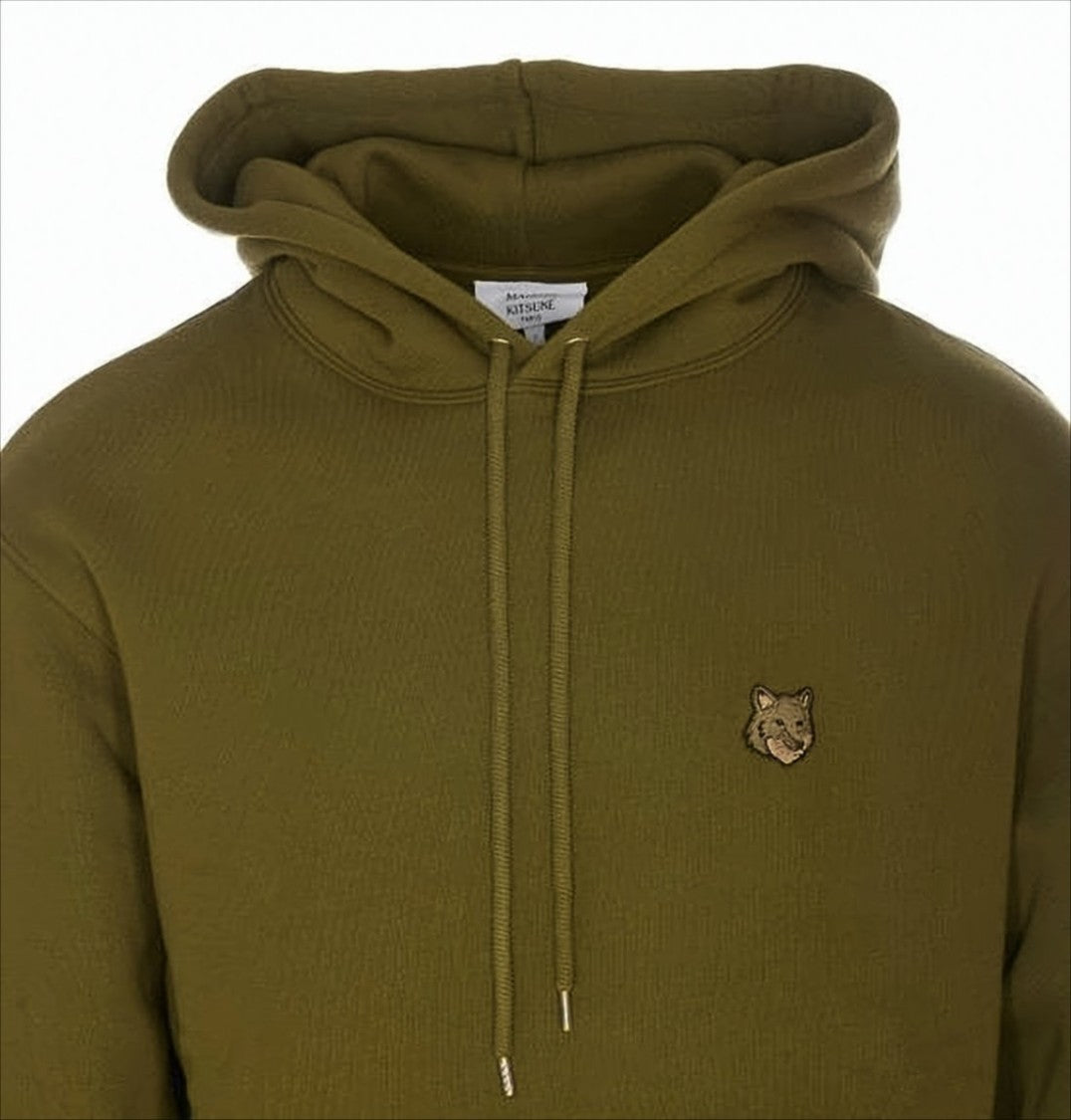 Maison Kitsuné Solid Olive Green Cotton Hoodie With Iconic Fox Emblem