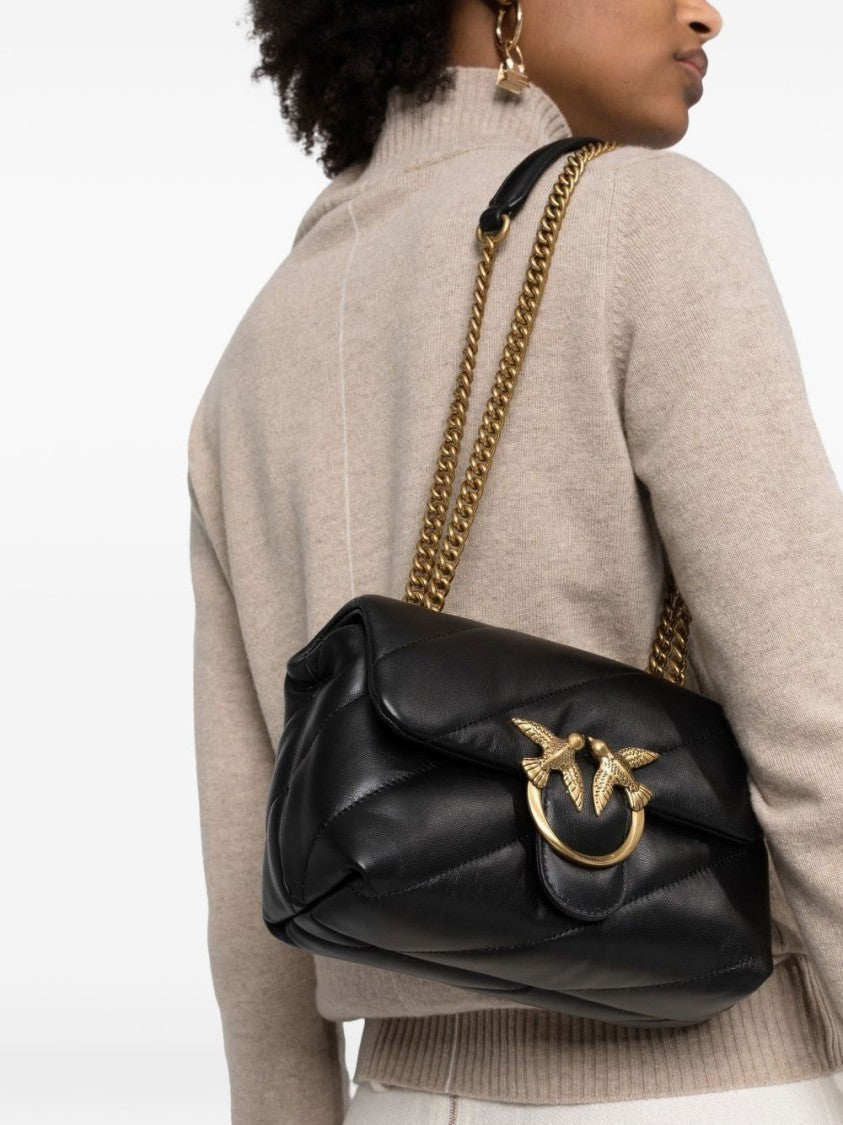 Pinko Quilted Black Shoulder Bag With Gold-Tone Bird Motif