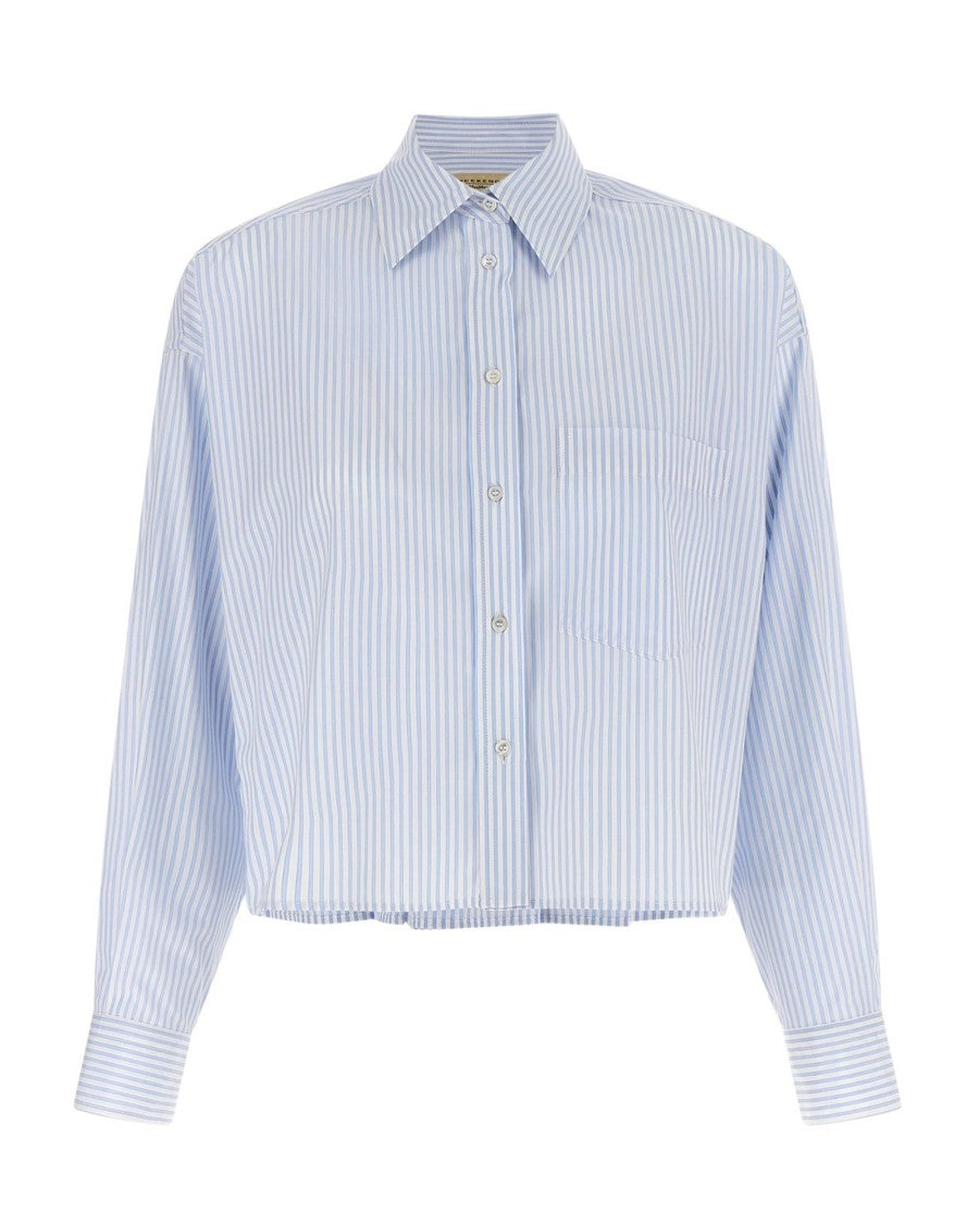 Max Mara Classic Blue Cotton Poplin Shirt With Pleated Back Design
