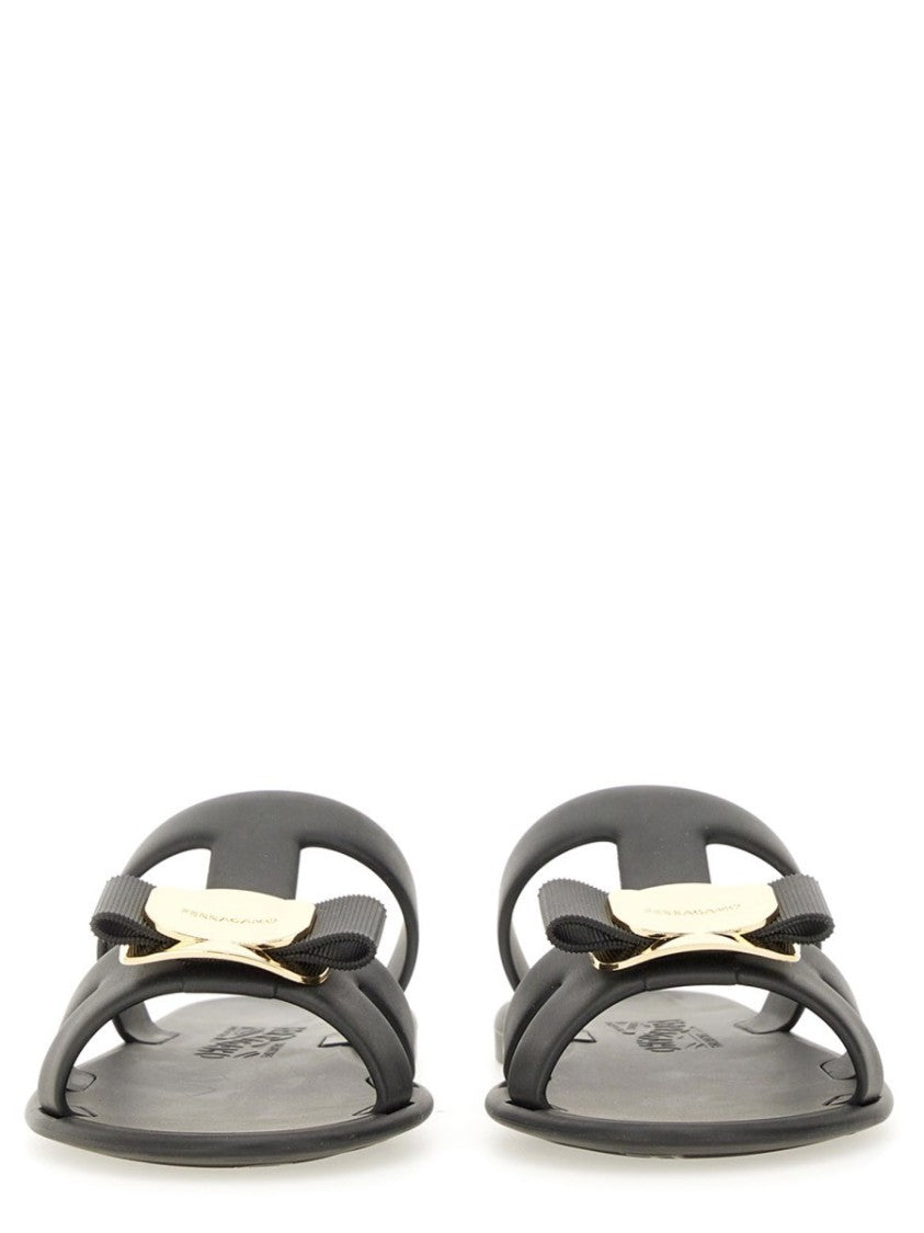 Ferragamo Black New Vara Metallic Accent Bow Sandals