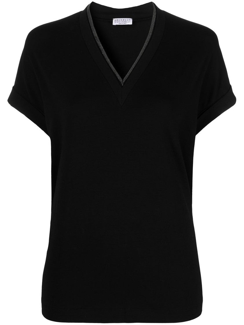 Brunello Cucinelli Black Cotton-Blend V-Neck Top
