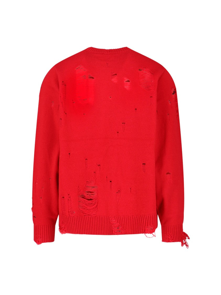 Charles Jeffrey Loverboy Distressed Red Wool Blend Sweater With Ribbed Finishes