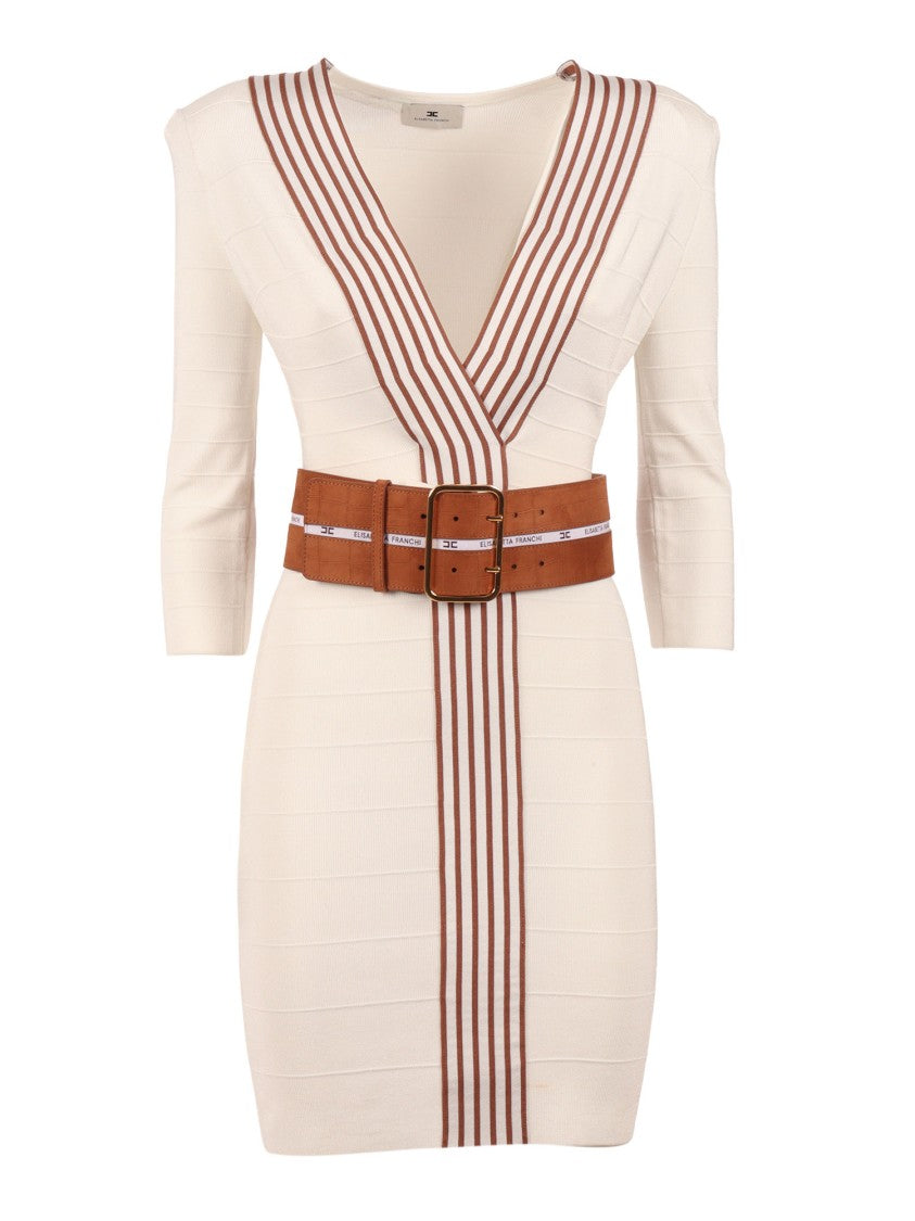 Elisabetta Franchi Stripe Textured Belted Midi Dress