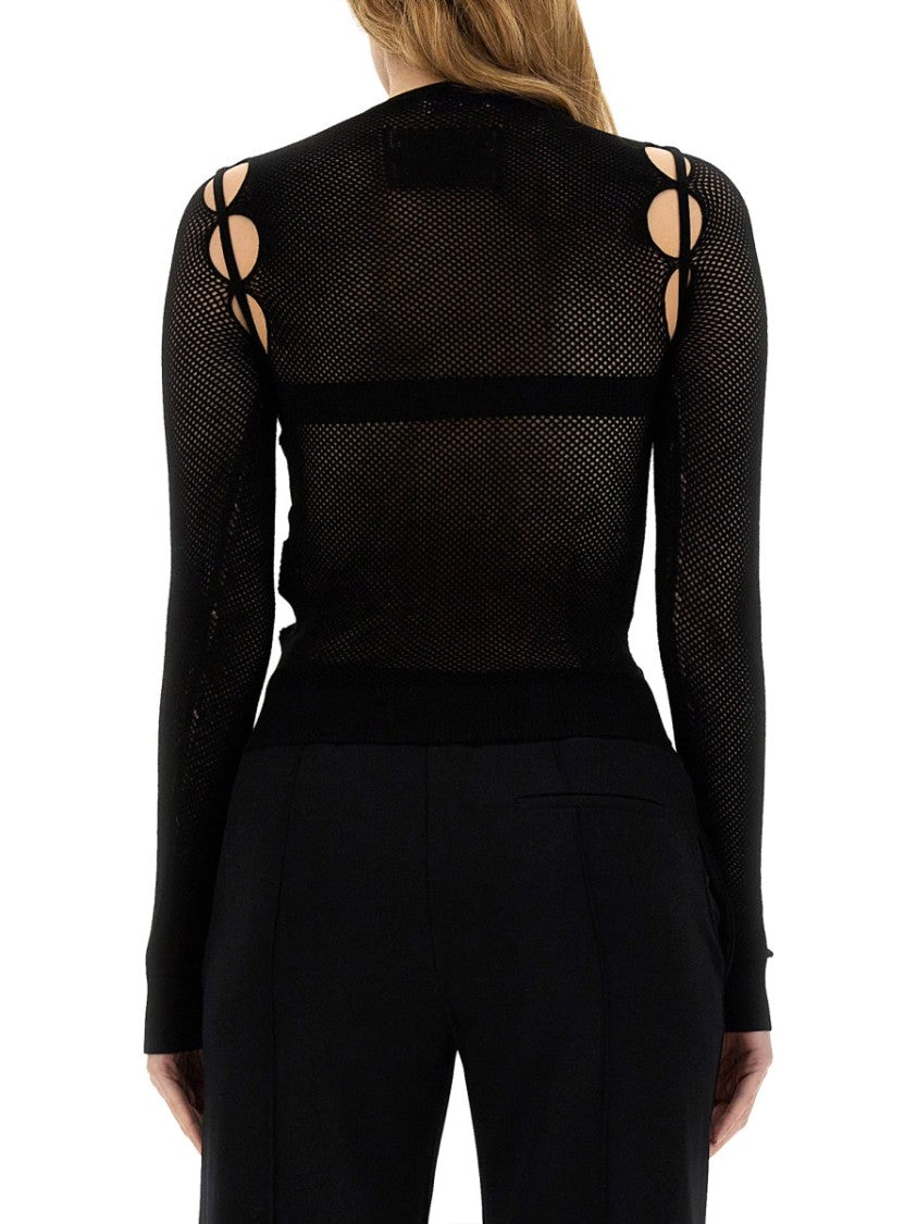 Off-White Netted Black Top With Cut-Out Shoulder Details