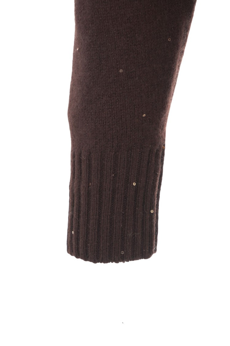 Kaos Brown Knit Cardigan With Deep V-Neck And Button Closure