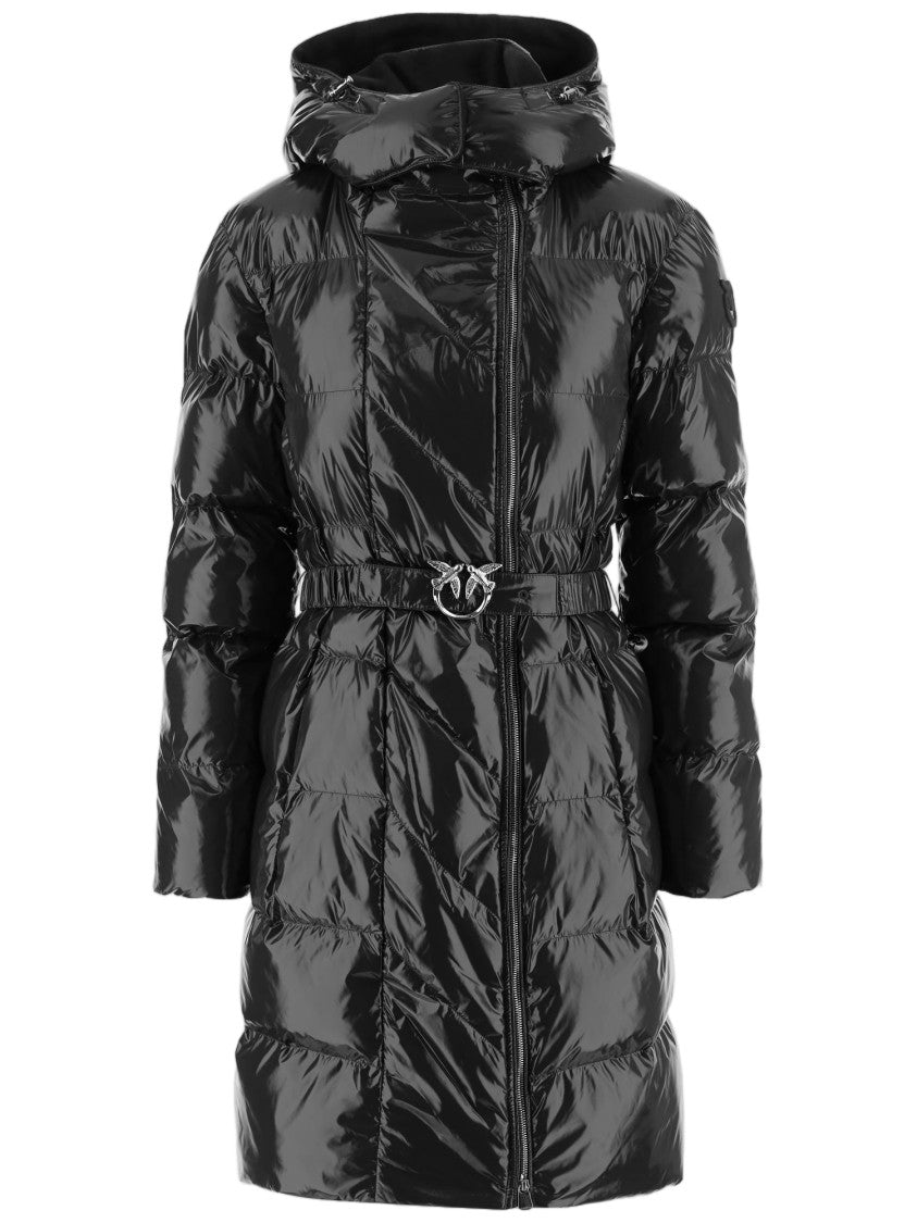 Pinko Glossy Quilted Puffer Coat With Decorative Buckle And Hood
