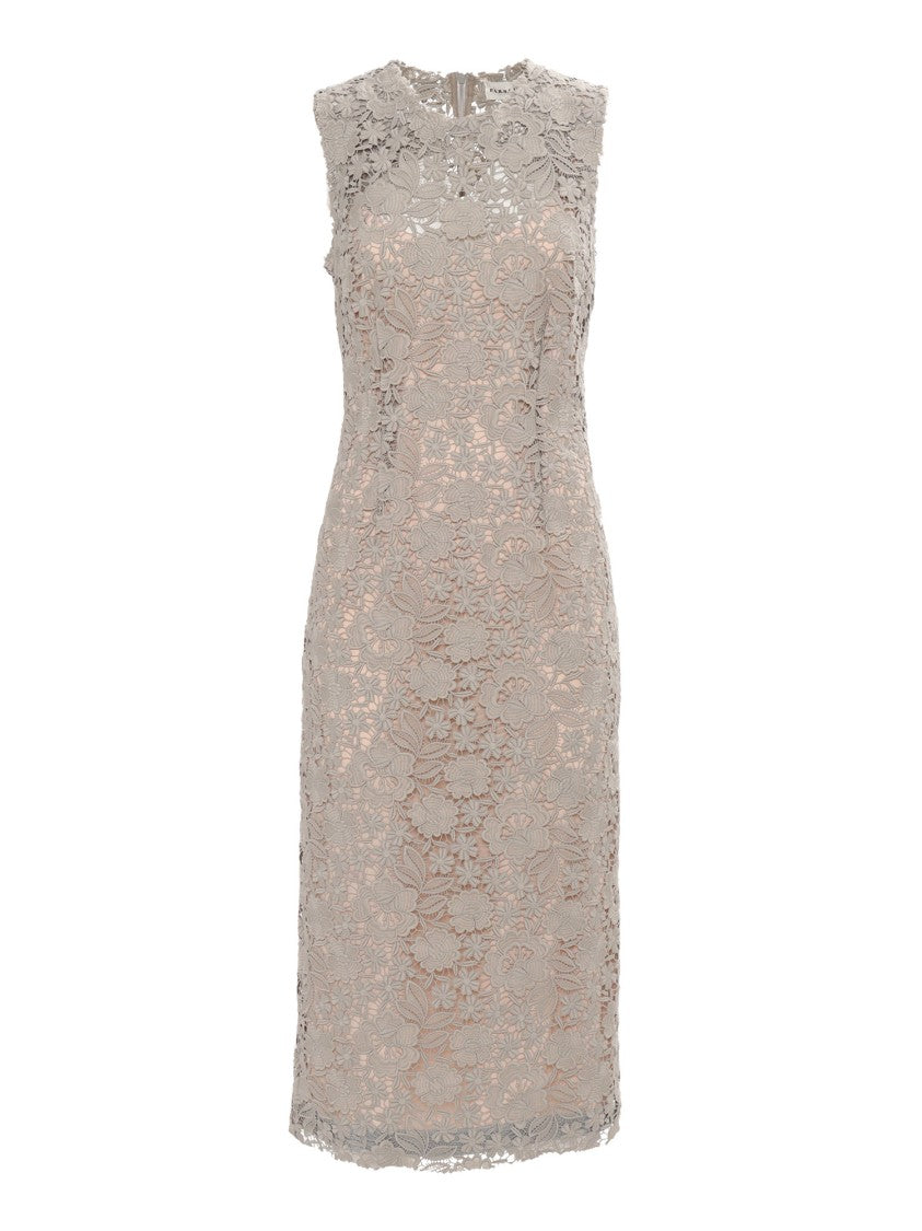 P.A.R.O.S.H. Intricate Floral Lace Midi Dress With Fitted Silhouette