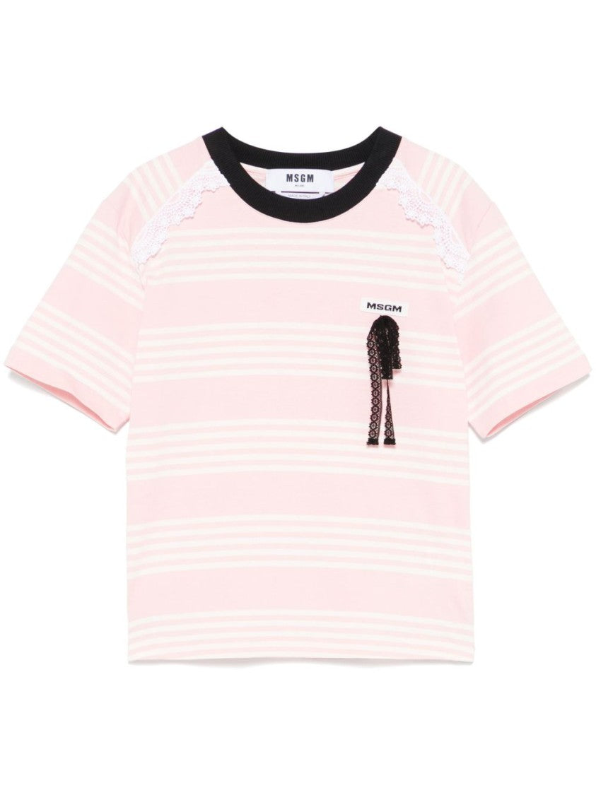 Msgm Soft Pink Striped T-Shirt With Lace Accents
