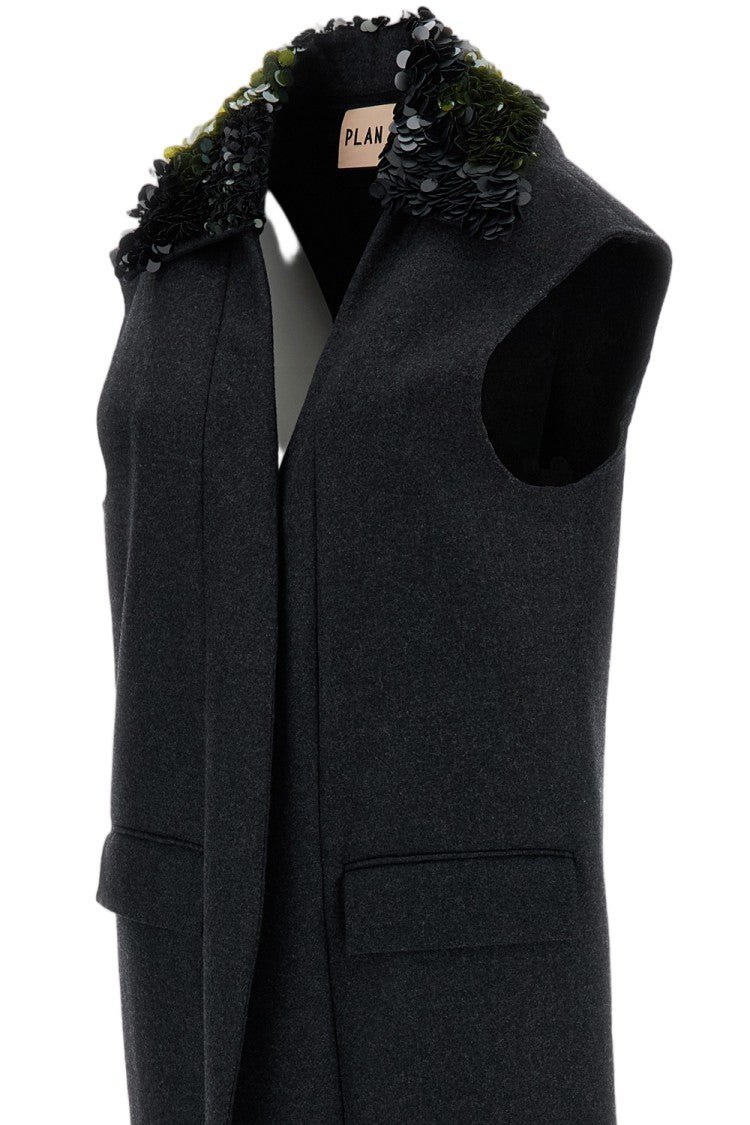 Plan C Melange Grey Sequin Collar Long Wool Vest