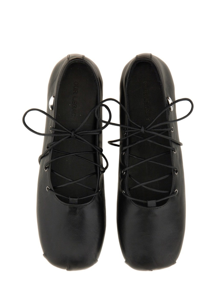 Our Legacy Minimalist Black Ballerina Slip-Ons With Lace-Up Detailing