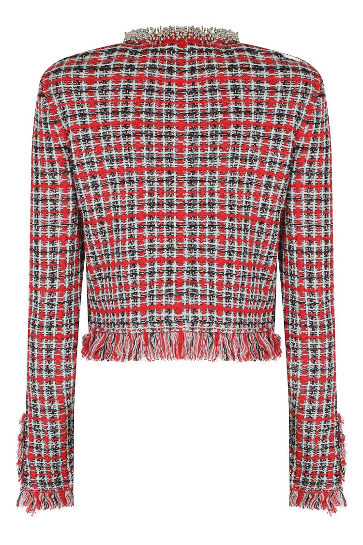 Self-Portrait Red Fringed Checkered Jeweled Button Cardigan