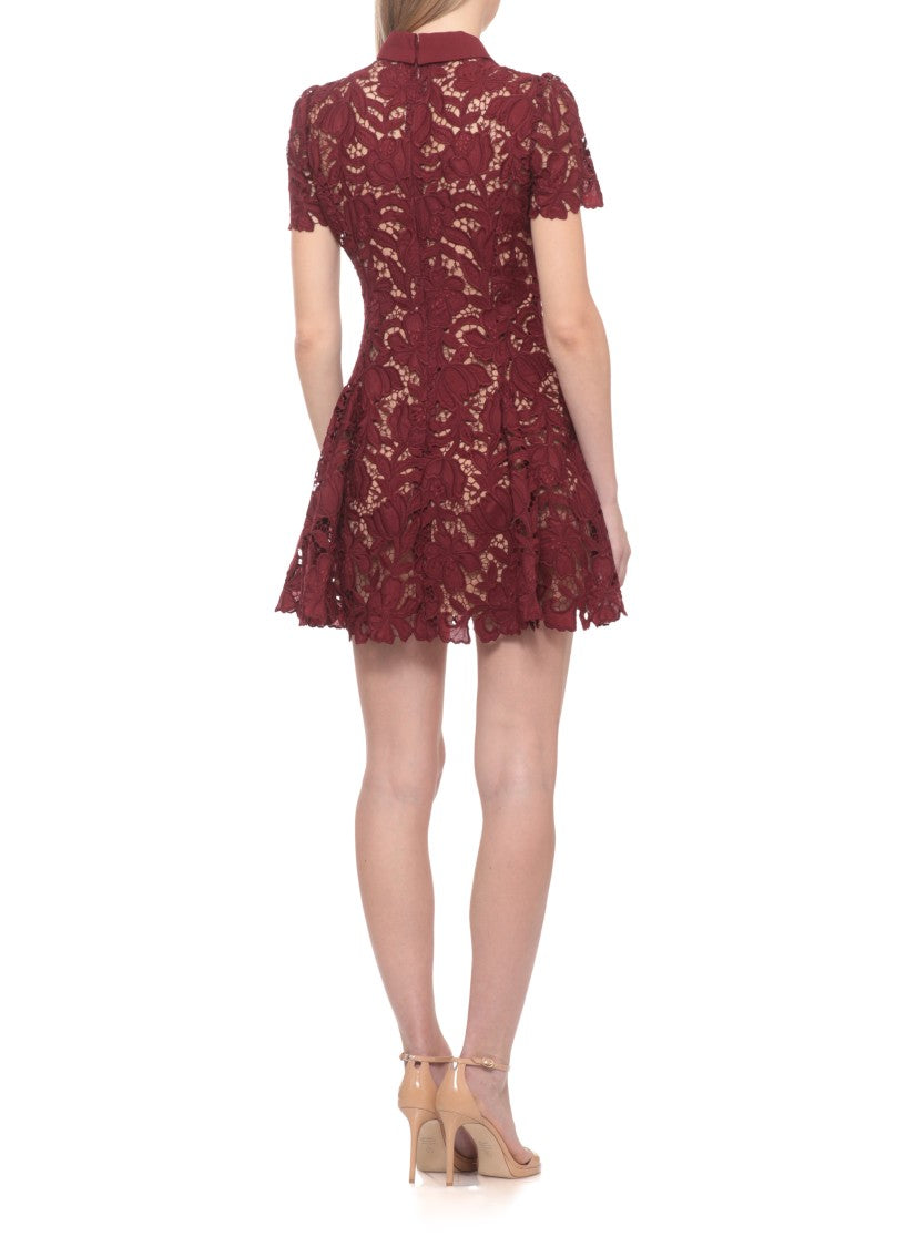 Self-Portrait Bordeaux Floral Lace Mini Dress With Collared Neckline