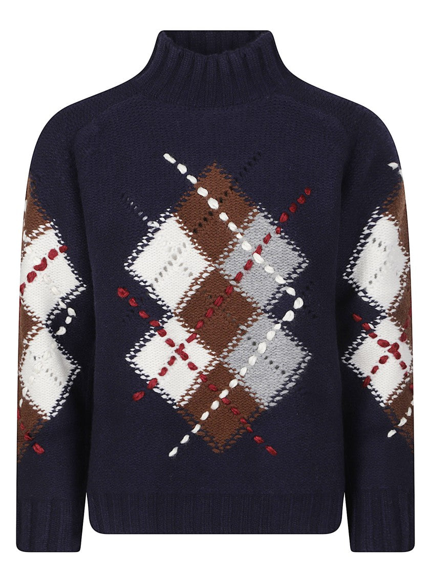 Ermanno Firenze Rich Blue Argyle Pattern Wool Turtleneck Sweater