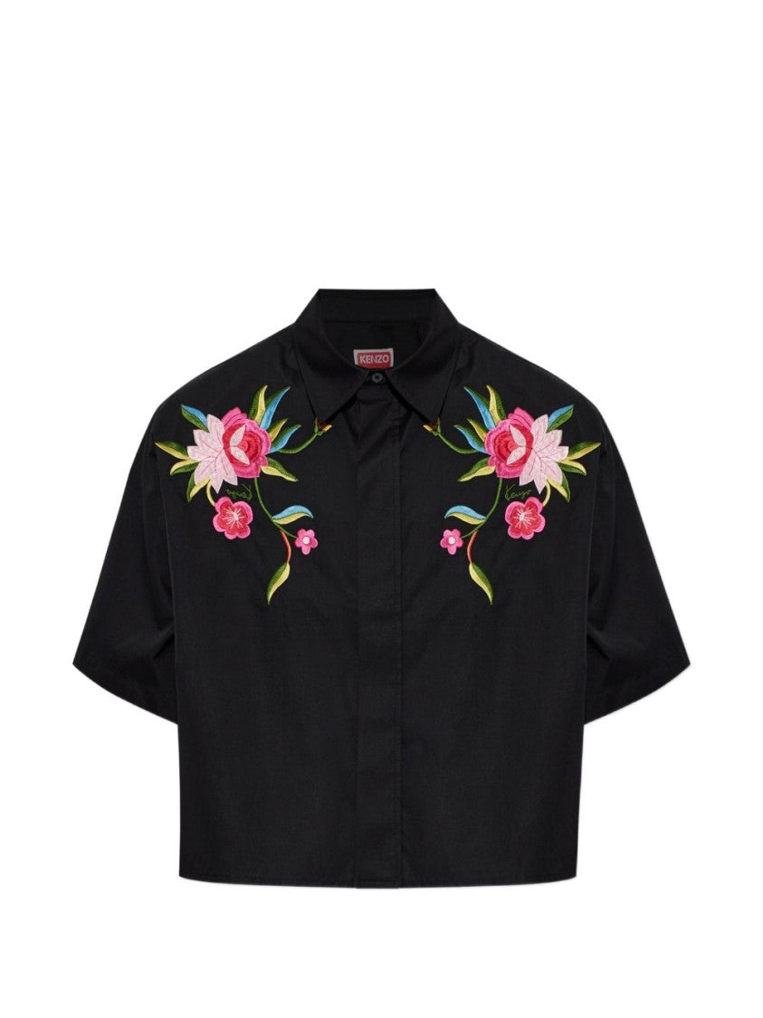 Kenzo Black Floral Embroidered Cropped Top