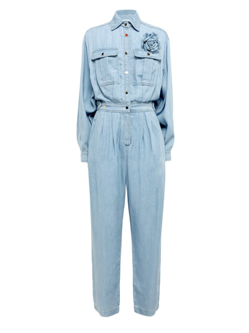 Blugirl Light Denim Lyocell Jumpsuit With Shirt Collar And Delicate Brooch