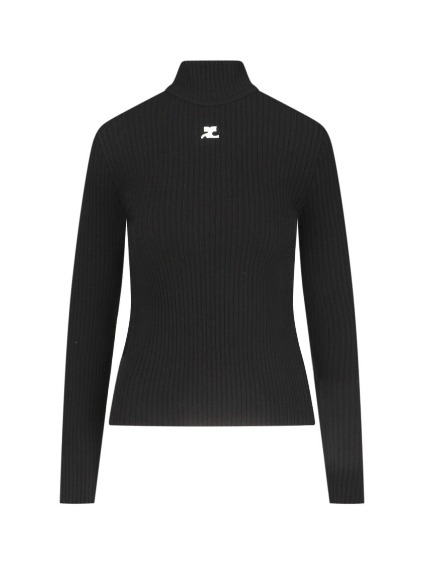 Courrèges Fitted Black Turtleneck With Ribbed Texture