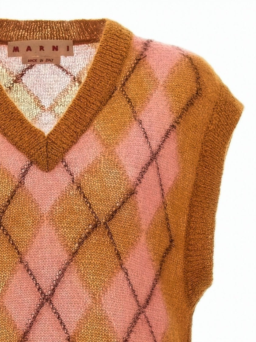 Marni Textured Argyle Knit Vest In Soft Mohair Blend