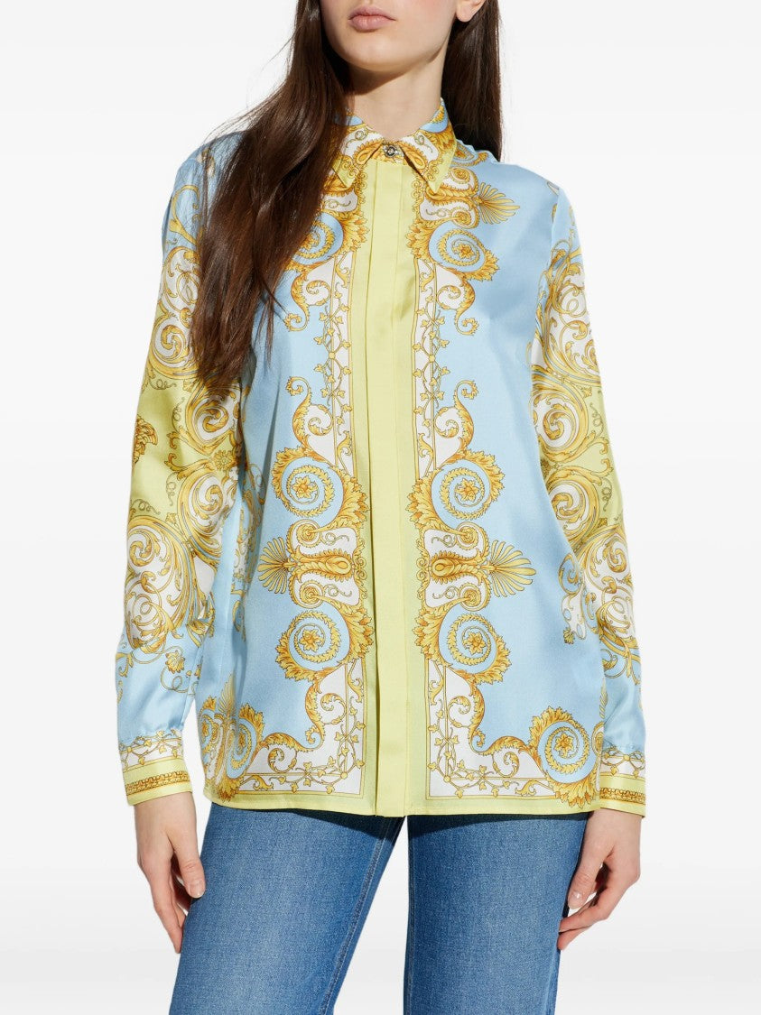 Versace Pastel Blue Baroque-Inspired Silk Scroll Shirt