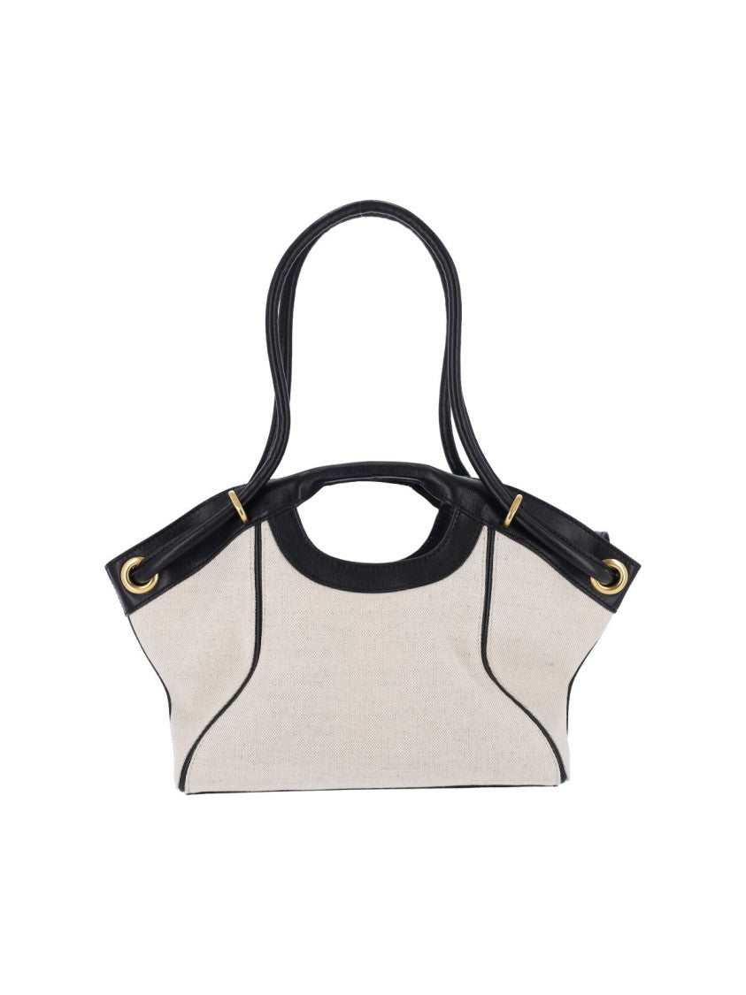 Balmain Beige Canvas Handbag With Black Leather Trim