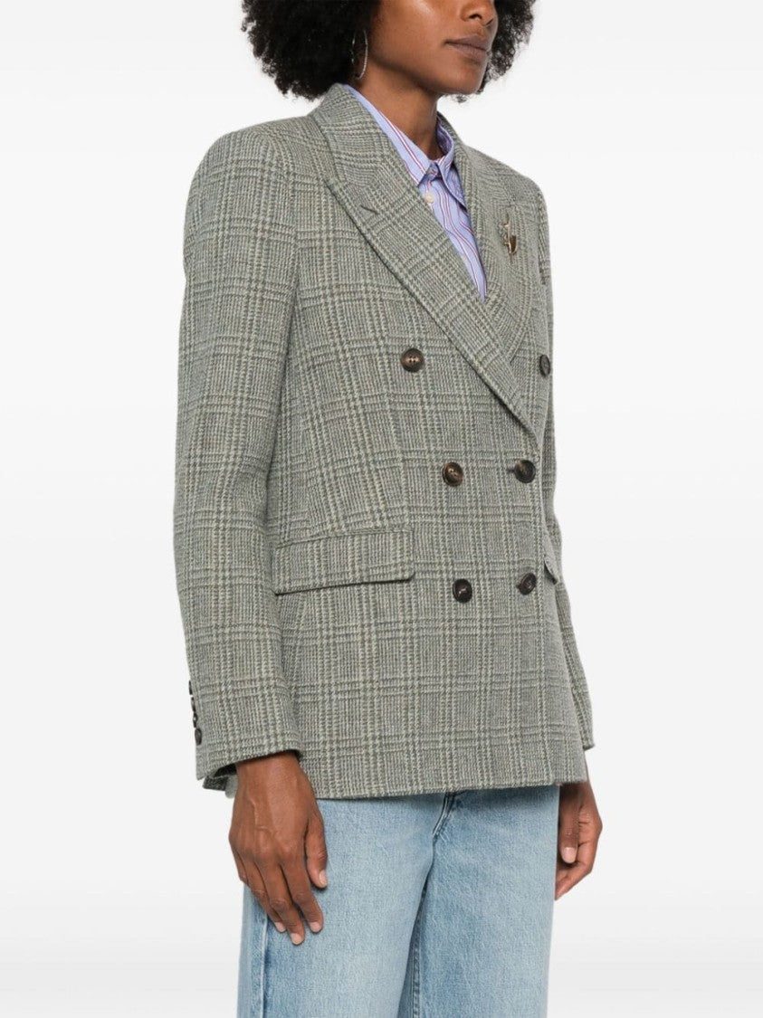 Golden Goose Grey Virgin Wool Check Pattern Double-Breasted Jacket